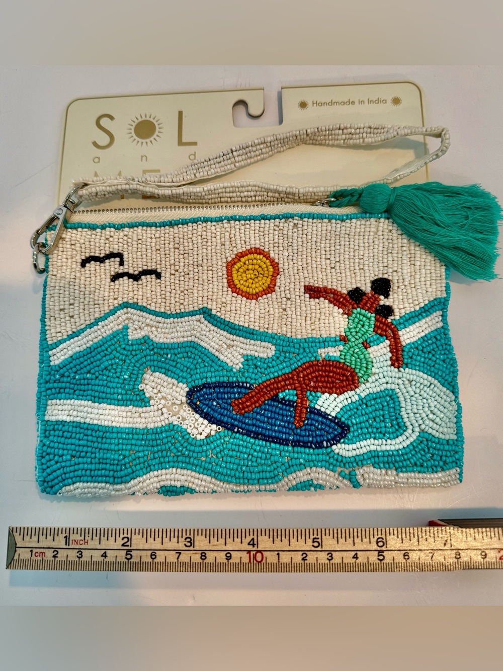 * Handmade Beaded Surfer Themed Wristlet – Turquoise & Cream